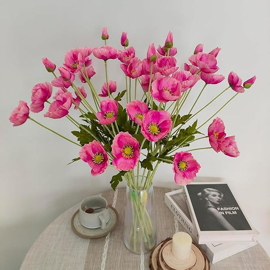 ATFL Hot Pink Poppy Flowers Artificial for Wedding Decorations,12 Pcs Fake Faux Silk Poppies Bulk for Home Decor Table Centerpieces Floral Arrangement (23.5‘’, Hot Pink)