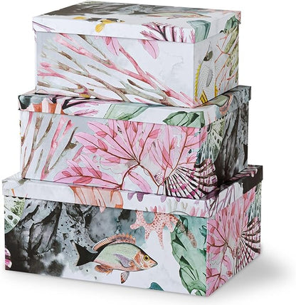 Soul & Lane Ocean Treasures Modern Home Décor Keepsake Boxes - Set of 3: Beach-Themed Photo Storage with Lids, Decorative Cardboard Nesting Gift Containers, Paper Mache Rectangle Boxes