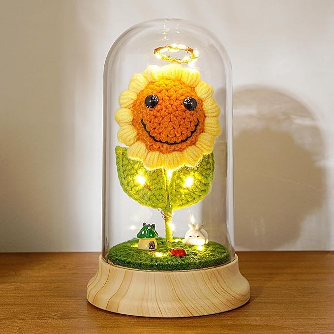 Levvohd Crochet Sunflower Gifts for Women, Sun Flower Birthday Gifts for Grandma, in Plastic Dome Sunflower, for Her Mom Mothers Day Christmas Day Gifts (A - Sunflower 4.3 in X 7.5 in)