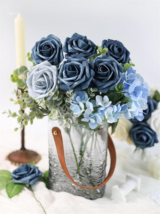 Meldel Artificial Flower Rose 25pcs Real Looking Blue Fake Foam Roses with Stems for DIY Wedding Bouquets Gifts Bridal Shower Faux Floral Centerpieces Arrangements Home Party Tables Decorations