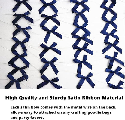 50 PCS 3 Inches Satin Bow Twist Ties, Ribbon Twist Tie Bows for Treat Bags, Pretied Bows, Twist Bows, Tied Bows with Wire, Pre Tied Ribbon Bows for Baby Shower, Favors, Popcorn (Navy Blue)