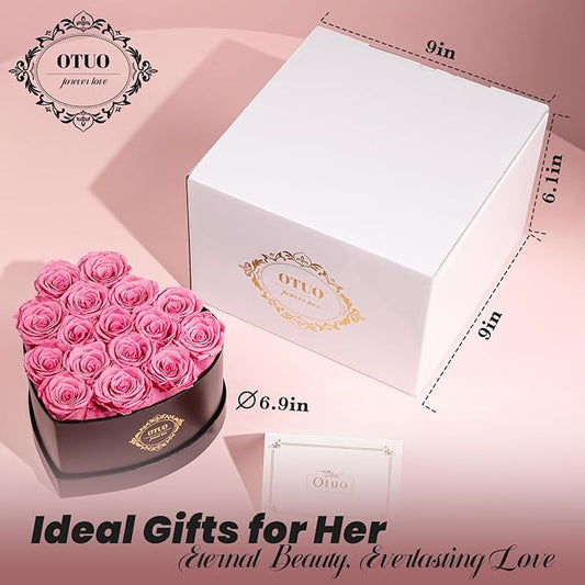 16 Preserved Roses in Heart-Shaped Box, Flowers for Delivery Prime Last up 2 Years, Real Forever Flowers for Wife, Girlfriend, Mother, Eternal Roses for Anniversary - Pink