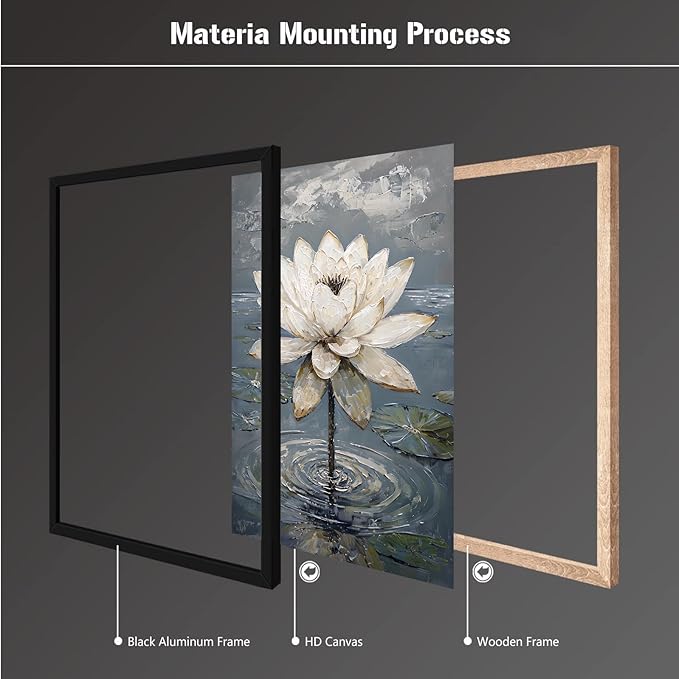 Stunning white lotus emerges from prismatic water with delicate petals background Serene aquatic wall art suitable for modern minimalist decor 12x18in Metal blackFramed
