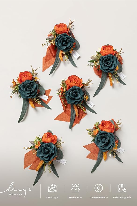 Ling's moment 6pcs Wedding Wrist Corsage Artificial Flowers, Girl/Mother Homecoming Prom Corsages Wristlet Décor, etc. Teal Orange Terracotta