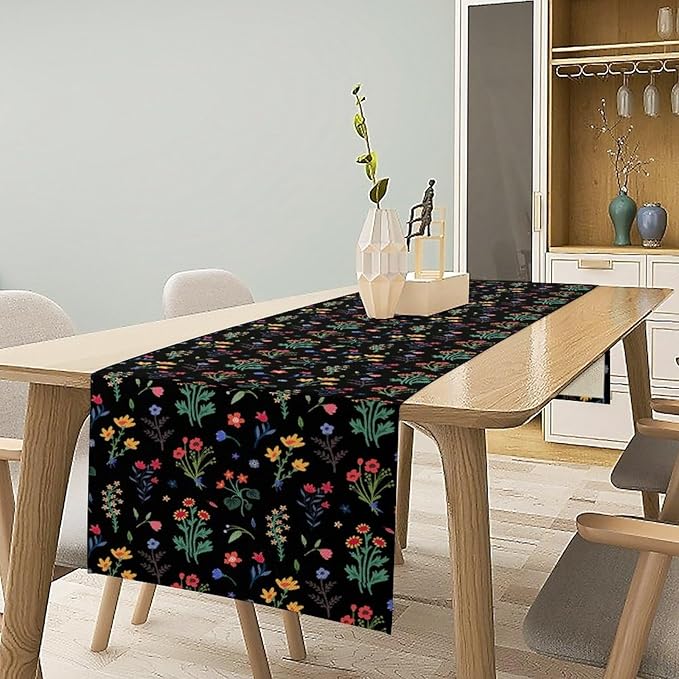 Retro Floral Table Runner, Colorful Bohemian Wildflower Flowers Blooms Vintage Table Runner for Kitchen Dining Party Home Decor, 13x90 Inch