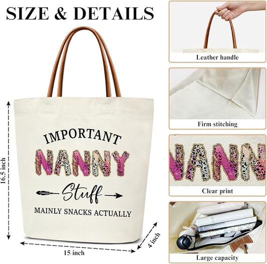 Canvas Tote Bag for Women, Important Stuff Bag with Leather Handle, Reusable Grocery Bags for Shopping Beach Travel