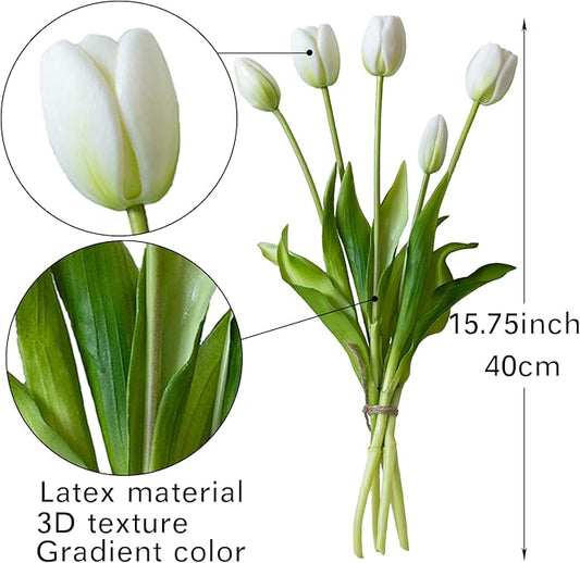 15pcs Artificial Tulips Flowers, Real Touch Latex Bouquet, Fake Tulips for Office Wedding Party Home Kitchen Garden Decoration-B White