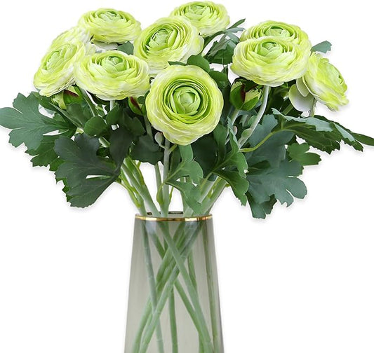 Artificial Ranunculus Flowers with Real Touch Stem, Silk Ranunculus Flowers (Green, 10pcs)