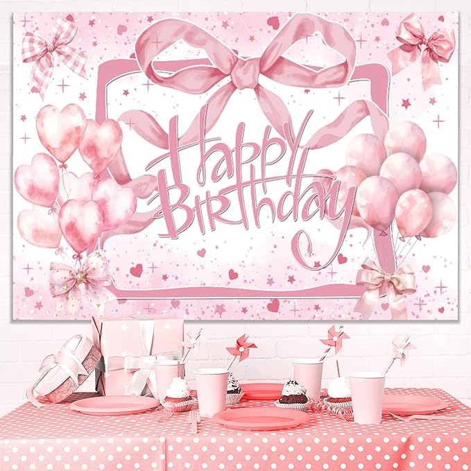 Coquette Pink Bow Happy Birthday Backdrop - Glitter Balloon Banner for Girls & Women - Cute Birthday Party Decorations, Bachelorette Photo Background & Wall Decor 7x5ft
