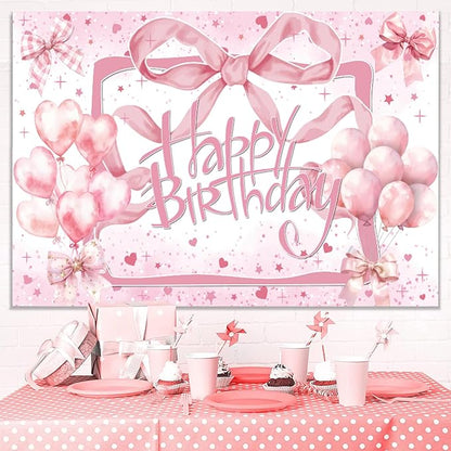 Coquette Pink Bow Happy Birthday Backdrop - Glitter Balloon Banner for Girls & Women - Cute Birthday Party Decorations, Bachelorette Photo Background & Wall Decor 7x5ft