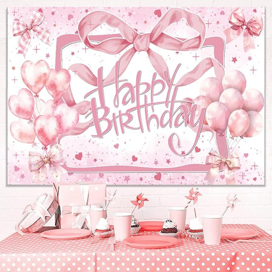 Coquette Pink Bow Happy Birthday Backdrop - Glitter Balloon Banner for Girls & Women - Cute Birthday Party Decorations, Bachelorette Photo Background & Wall Decor 7x5ft
