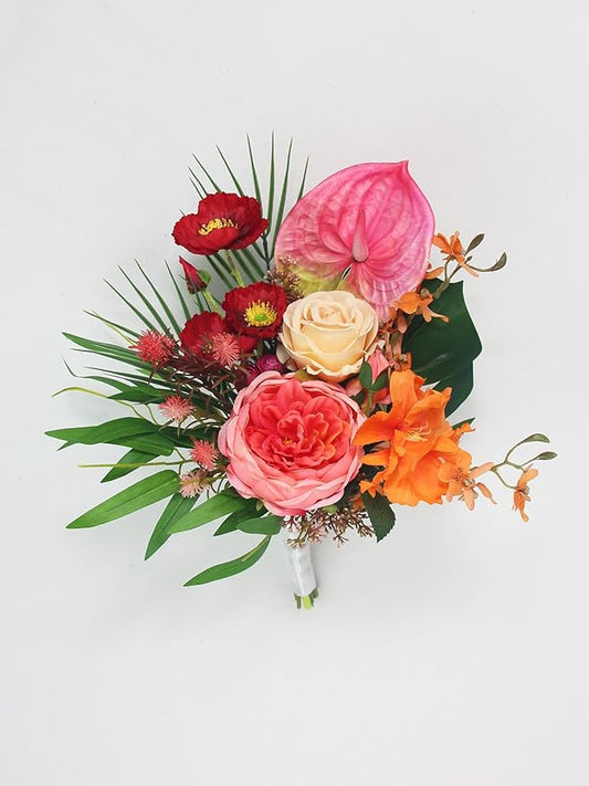 Rinlong 1Pc Tropical Flowers Wedding Bouquets for Bridesmaids Bride Orange Pink Bridesmaid Bridal Bouquet for Beach Wedding Prom