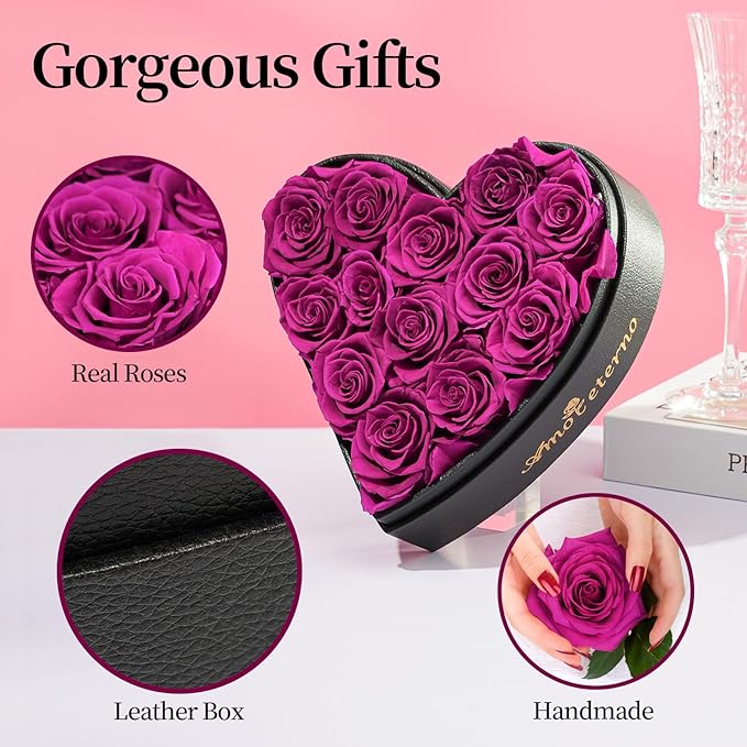 Flower, Forever Roses in A Box, Fresh Flowers, Birthday Gifts for Her, Women, Mom, Girlfriend, Wife, Grandma,Purple Forever Roses