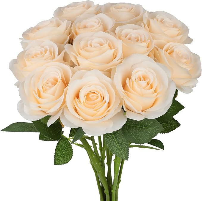 12pcs Roses Artificial Flowers Champagne Silk Roses with Long Stems Fake Flowers for Wedding Bouquet Centerpices Decorations Party Bridal Baby Shower Home Decor