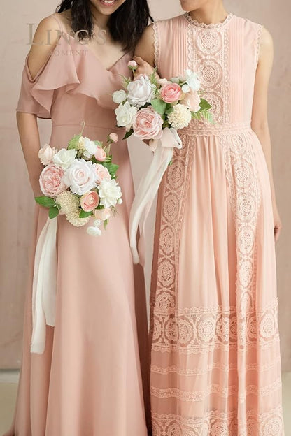 Ling's moment Artificial Flowers Pink Bridesmaid Bouquet Set of 4, Blush & Cream Wedding Flowers Bouquets for Bridesmaids, 7 Inch Bridal Bouquets for Bridesmaids, Wedding, Ceremony, Anniversary, etc