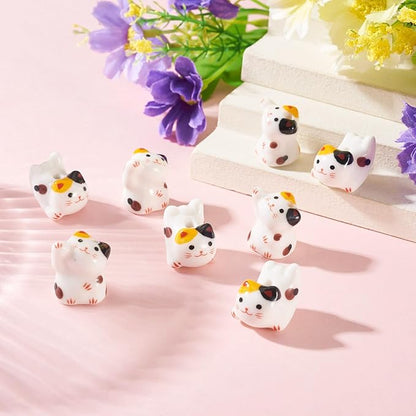Beadthoven 8Pcs Lucky Cat Porcelain Beads 3D Yellow White Handmade Craft Beads Animal Ceramic Cat Printed Ceramic Spacers with Hole for DIY Necklace Bracelet Keychain Craft Jewelry Making