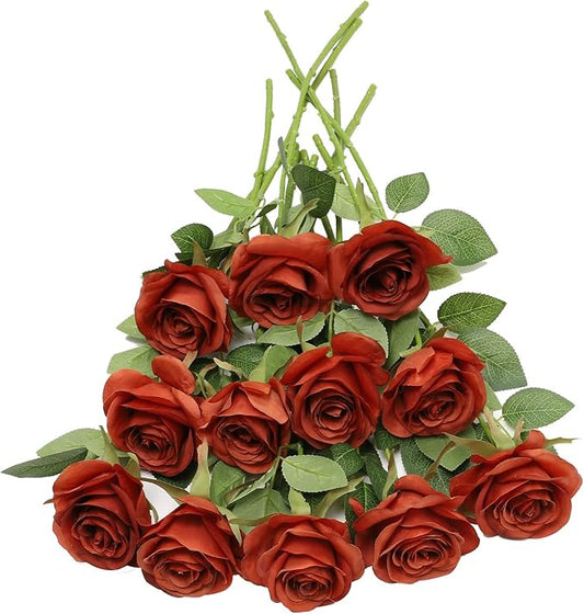 Artificial Rose Flower Artificial Flowers Flower with Long Stem Silk Roses Bouquet for Wedding Bridal Shower Party Home Decoration (Burnt Orange, 12 Pcs)