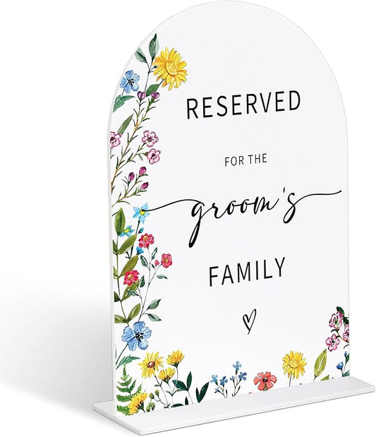 Acrylic Wedding Signs Reserved Table Sign for Reception, Reserved for The Groom's Family, 6x8" Floral Themed Arch Acrylic Table Decor, Love Is In Bloom Decorations for Bridal Shower Engagement