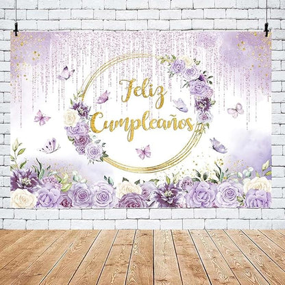 MEHOFOND Feliz cumpleaños Birthday Backdrop Purple Floral Butterfly Baby Shower Party Decorations Baby Girl's Watercolor Floral Glitter Drops Decorations Supplies Banner Photo Booth Studio Prop