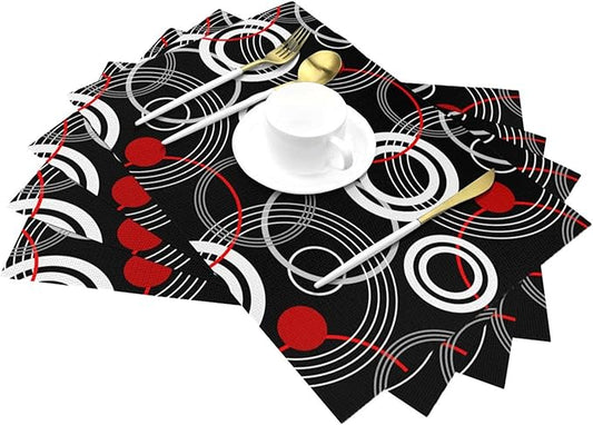 Black Red Placemats Set of 4, Geometric Linen Dining Table Mat, Washable Heat Resistant Place Mats for Kitchen Dining Holiday Party Home Decor