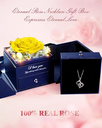 Birthday Gifts for Women, Preserved Real Roses with Heart Necklace I Love You in 100 Languages, Romantic Anniversary Wedding Gifts for Women Her Girlfriend Wife, Forever Roses Necklace Gift Box Yellow