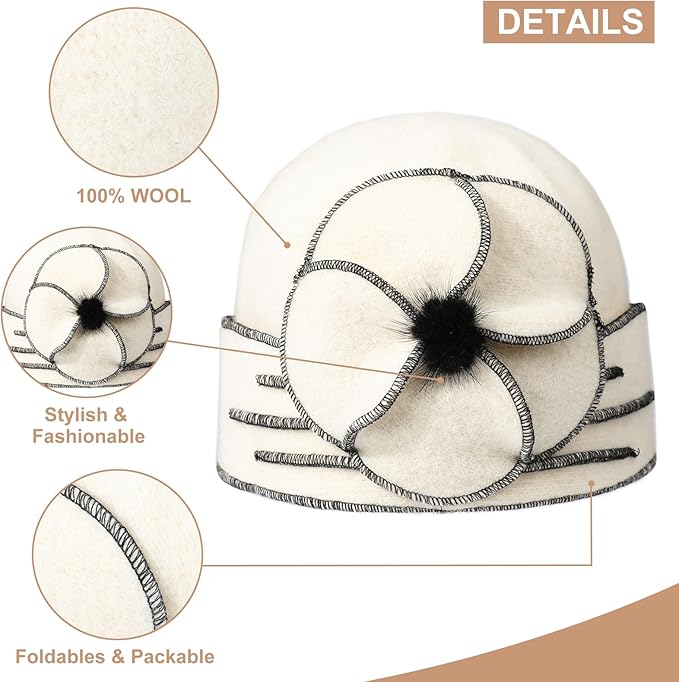 Sumolux Beanie Hats for Women Wool Skull Cap Beret Floral Cuffed French Vintage Dress Cloche Classic Winter 1920s
