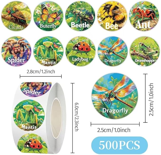 1000 Pcs Insect Animals Stickers for Kids Classroom Boys Girls School Adults. 2 Roll 1 Inch Bug Stickers Bulk Gift Party Favors. Scrapbook Nature Sticker Packs for Water Bottles Phone Case Laptop