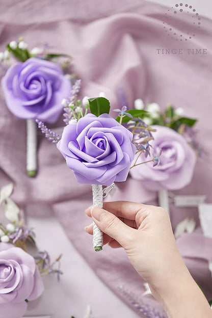 TINGE TIME Boutonniere for Men Wedding,Groom and Best Man Boutonniere for Wedding Ceremony Anniversary, Formal Dinner Party and Rustic Spring Wedding Marriage (10, Noble Purple)
