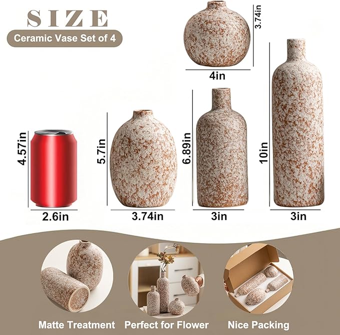 Modern Ceramic Vase Set, Neutral Colors, Decorative Vases for Home Decor, 4 Piece Collection (Stone)