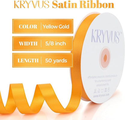 Double Faced Yellow Gold Satin Ribbon, 5/8 Inch X 50 Yards Polyester Ribbon for Gift Package Wrapping, Crafts, Bow Making, Sewing, Flower Bouquet, Wedding Party Decor