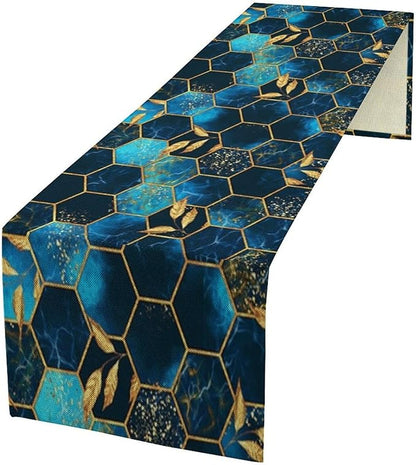 Sky Blue Honeycomb Table Runner Abstract Sea Blue Marble Hexagon Texture Golden Leaves Seasonal Dinner Runner Table Decoration for Farmhouse Home Kitchen Dining Holiday Party 13x60in