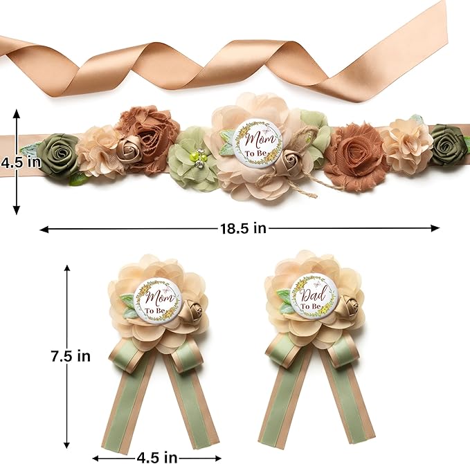 Baby Shower Maternity Sash Belly Belt-Pink Flower Sash Set Mom to Be & Dad to Be Corsage Pins for Gender Reveal