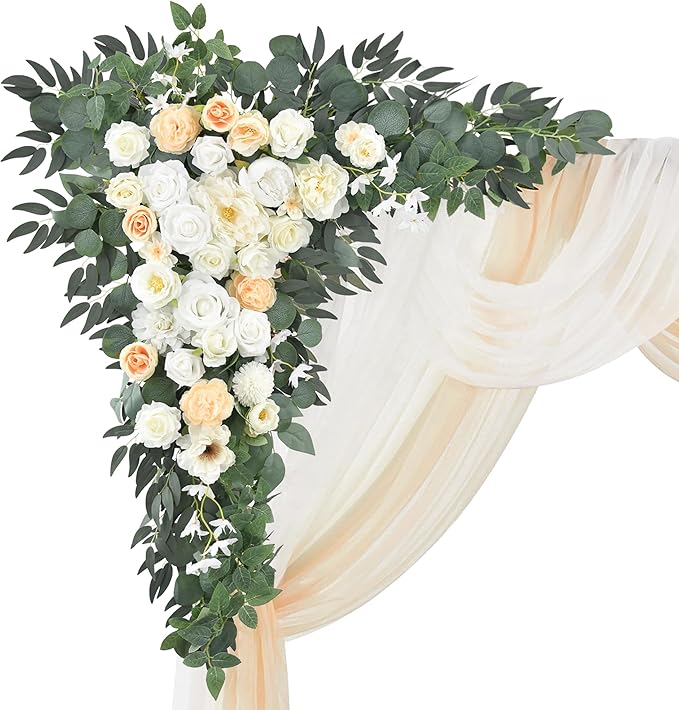 Artificial Wedding Arch Flowers Kit Pack of 5,2pcs Floral Swag Arrangement and 3pcs Fabric Drap for Wedding Ceremony Reception and Backdrop (Champagne and White)