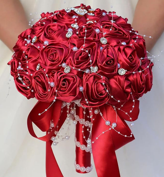Bridal Wedding Bouquet Round Bling Brooch Bouquet Throw Toss Artificial Rose Flower Bunch for Bride Bridesmaid Wedding Quinceanera(Ruby Red, 7.5")