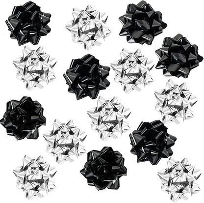 15 Pcs Gift Bows Assortment, Decor for Christmas, Birthdays, Weddings, Holiday Embellishments, Presents, Wrapping Paper, Anniversaries, Baby Showers, Bridal Showers, Hanukkah (Black+Silver)