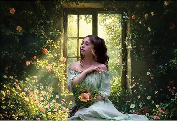 Baocicco 9x6ft Spring Window Photography Backdrops Sunshine Oil Painting Flowers Background Cloth for Marriage Valentines Mothers Day Engagement Party Decoration Photo Props Background Supplies