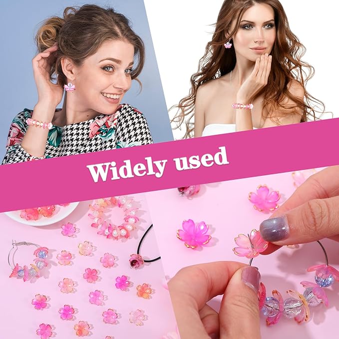 100 Pcs Cherry Blossom Beads, 5-Petal Acrylic Spacer Flower Beads for Jewelry Making, Mini Golden Edge Floral Shaped Bead for Making DIY Craft, Charms, Bracelets, Necklaces, Earrings (Pink Gradient)