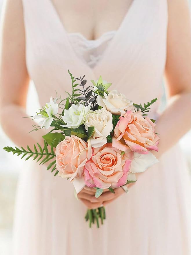 Rinlong 1Pc Pink Champagne Bridesmaids Bouquet Artificial Wedding Bouquets for Bridesmaid Silk Bouquet for Homecoming Prom