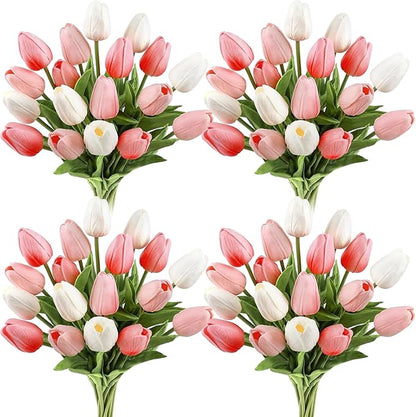 Janinka 60pcs Artificial Tulip Flowers Fake PU Tulips Faux Latex Bouquet Flower Centerpieces Arrangement Floral for Mother Day Wedding Spring Decorations (Dark Pink,Light Pink,White)