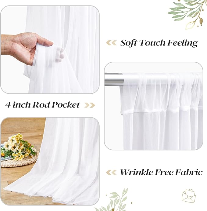10ft x 10ft White Backdrop Curtain with Lights String for Parties, Sheer Tulle Wedding Photo Backdrops Drapes for Baby Shower Birthday Party Decorations Background for Photography