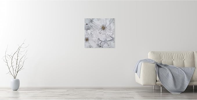 SYGALLERIER White and Gray Flower Blooms Wall Art - Handcrafted Floral Canvas with Gold Foil Embellishments Modern Flower Wall Decor for Livingroom Bedroom Bathroom 24X24