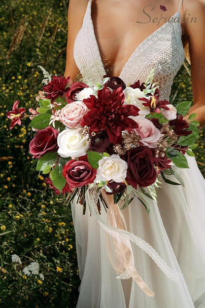 Serwalin Artificial Flowers, Burgundy Pink Flowers Fake Silk Flowers for DIY Wedding Bridal Bouquets, Wedding Cake Flowers for Table Centerpieces Bridal Shower Birthday Party Home Fall Decor