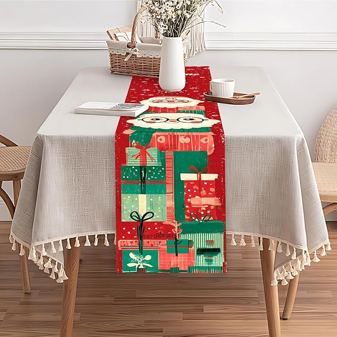 Christmas Table Runner – Red Holiday Table Decoration with Cute Santa Claus & Gifts Design, Festive Dining Table Decor for Christmas Party, Family Dinner, Kitchen & Living Room