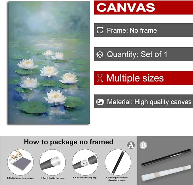 Zen wall art Delicate white lotus flower floating on calm water Vintage oil painting print Serene aquatic wall art creates a tranquil home decor 20x30in Frameless