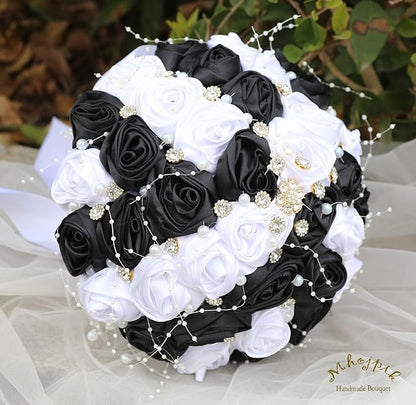Bridal Wedding Bouquet Round Bling Brooch Bouquet Throw Toss Artificial Rose Flower Bunch for Bride Bridesmaid Wedding Quinceanera(White & Black, 8.7")
