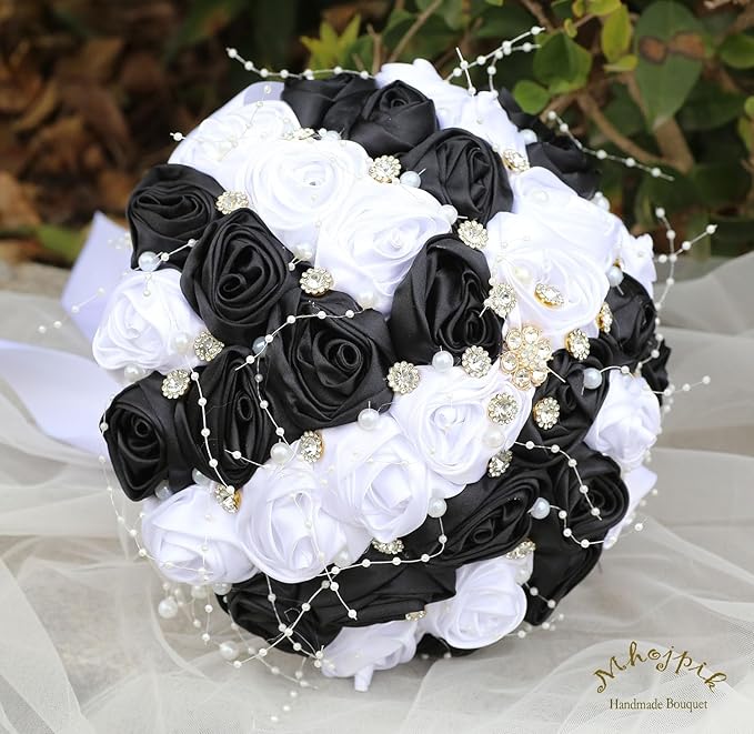 Bridal Wedding Bouquet Round Bling Brooch Bouquet Throw Toss Artificial Rose Flower Bunch for Bride Bridesmaid Wedding Quinceanera(White & Black, 9.8")