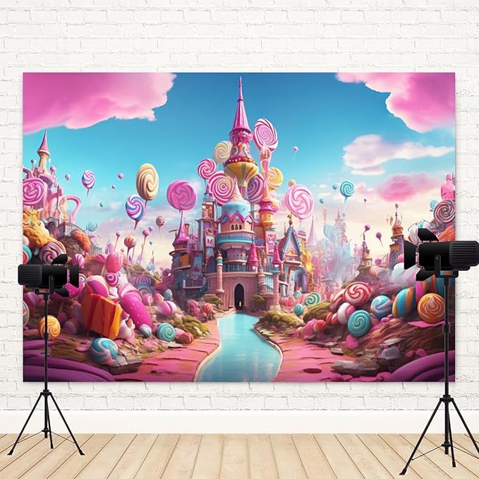 9x6ft Candyland Backdrop Sweet Candy Castle Photography Background Colorful Lollipop Blue River Cartoon Kids Birthday Banner Decorations Baby Shower Newborn Portrait Photo Booth Prop