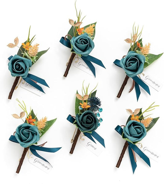 Ling's moment Boutonniere for Men, 6pcs Groom Groomsmen Boutonniere, Artificial Flowers for Wedding Decor/Prom/Homecoming, etc.Dark Teal Burnt Orange