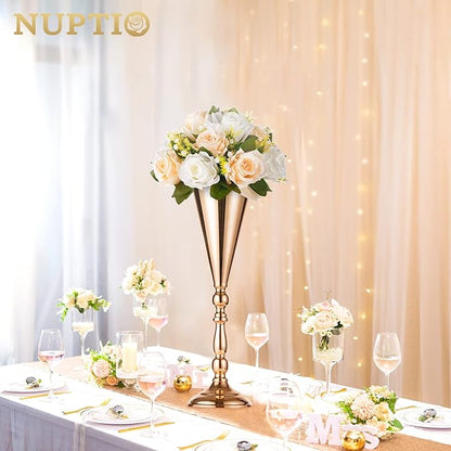 10 Pcs Tabletop Gold Metal Wedding Flower Trumpet Vase, 16.5 inch Table Decorative Centerpiece Artificial Flower Arrangements for Anniversary Ceremony Party Birthday Event Home Decoration (Gold)