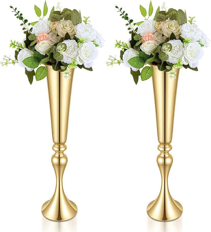 Set of 2 Tall Gold Vases for Centerpieces, 21.9" Metal Trumpet Flower Stand for Wedding Party Dinner Table Decor, Anniversary Celebration Gold Vase Centerpieces for Table
